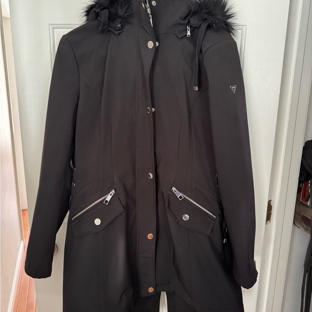 Guess Women's Black Hooded Parka with Faux Fur Trim